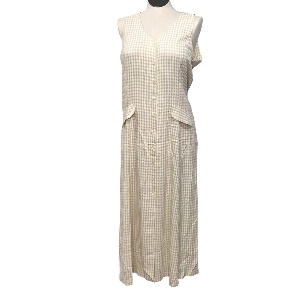 Clues Collection Shirtdress Women’s Size L Plaid Beige Sleeveless Midi Button Up
